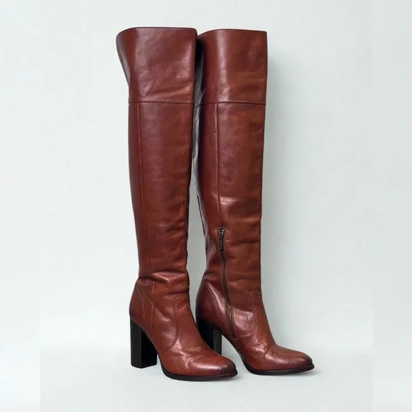 FRYE Corinne Over The Knee Leather Heeled Boots Size 8 Cognac Brown - Picture 2 of 13